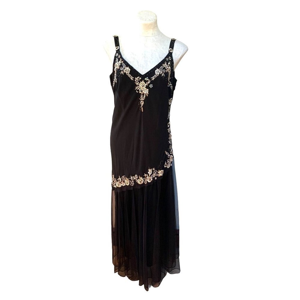 Vintage Y2K NWT Fairycore Slip Dress Black Floral Embroidered Beaded 16W